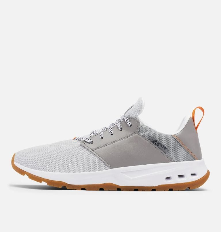 Columbia PFG Tamiami™ shoes side view in light gray with breathable mesh upper, durable leather overlays, white midsole, and gum outsole.