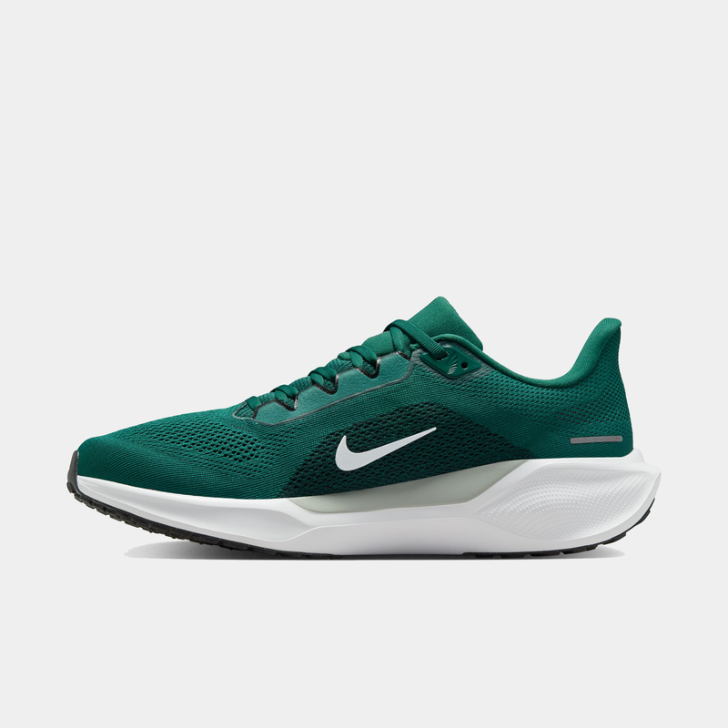 Nike Philadelphia Eagles Pegasus 41 running shoes in green with white midsole, black outsole, and mesh upper, side view.