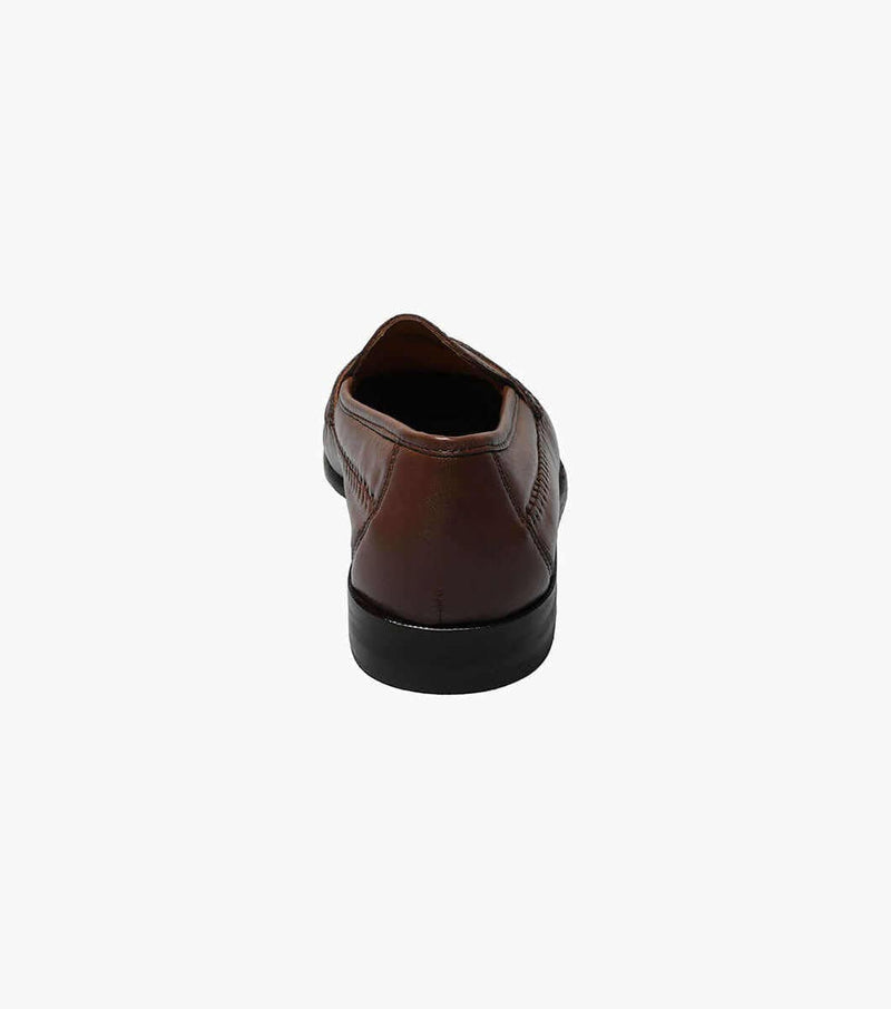 Florsheim Pisa dress shoes in brown leather with a polished finish and stitching details, back view showing heel and sole.