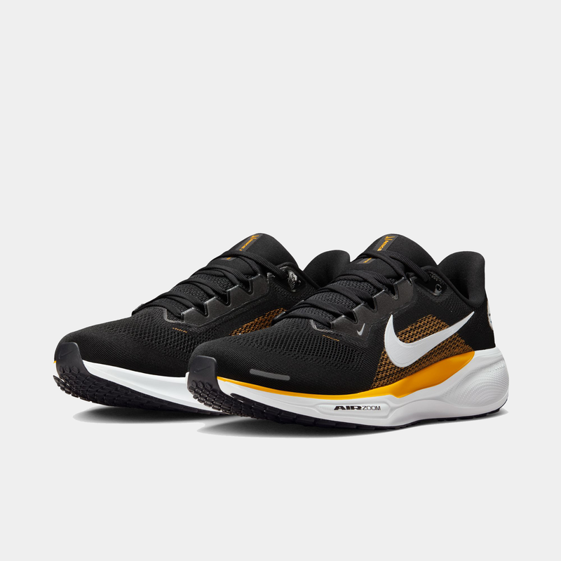 Nike Pittsburgh Steelers Pegasus 41 running shoes in black with gold accents, white Swoosh logo, and Air Zoom cushioning, front angle view.