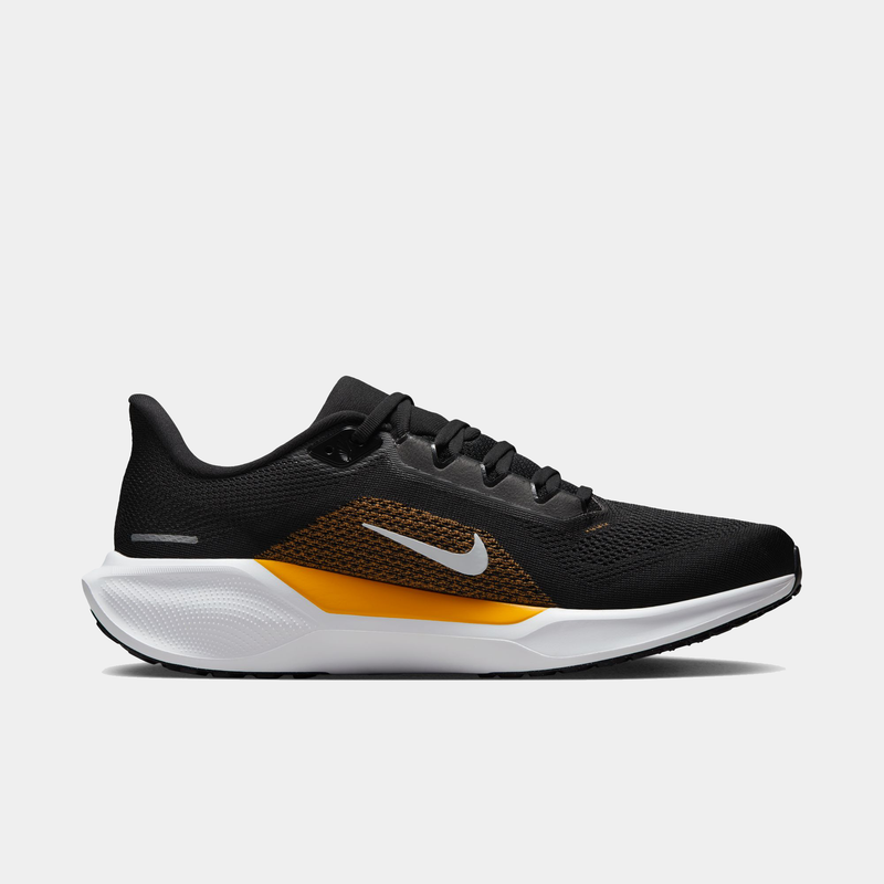Nike Pittsburgh Steelers Pegasus 41 running shoes with black mesh upper, yellow accents, and white midsole, side view.