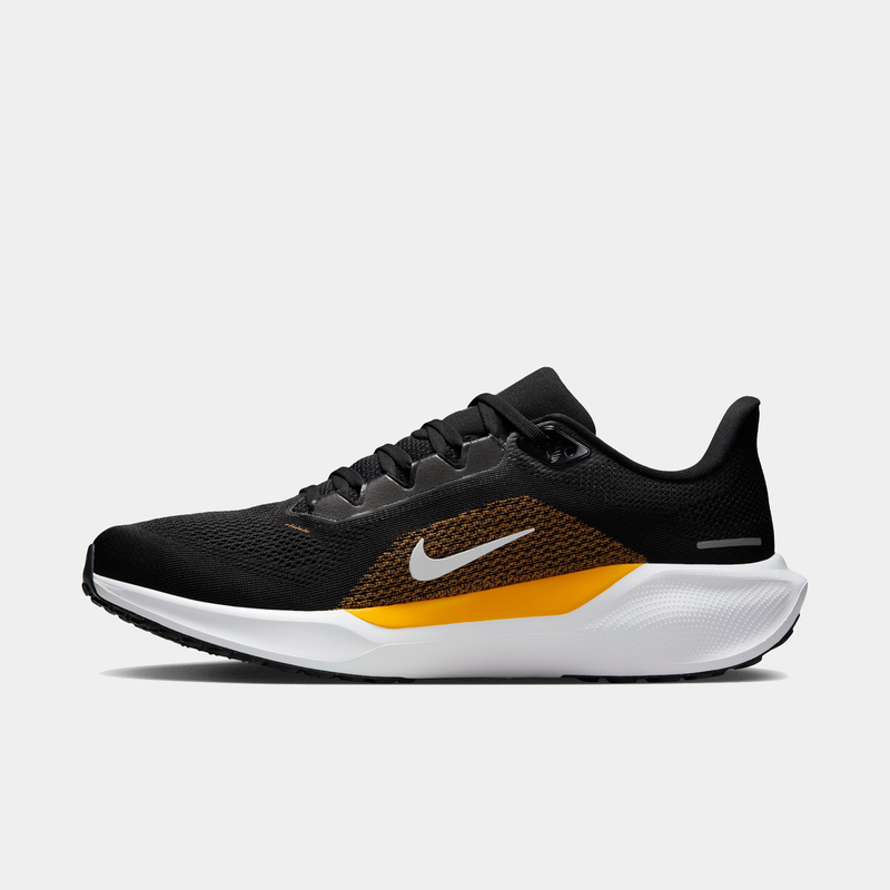 Nike Pittsburgh Steelers Pegasus 41 running shoes, black mesh upper with yellow accents and white midsole, side view.