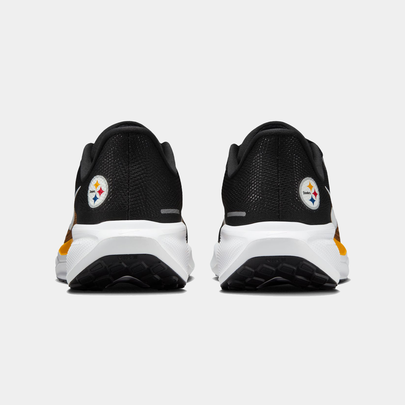 Nike Pittsburgh Steelers Pegasus 41 running shoes back view featuring black mesh upper, Steelers logo, and white midsole.