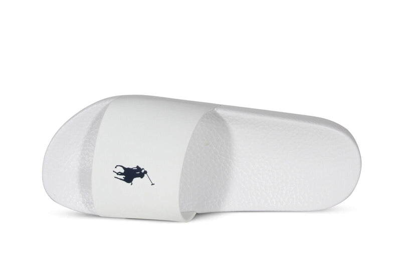 Polo Ralph Lauren Polo Signature Slide sandals in white with textured footbed and navy blue polo logo, angled top view.