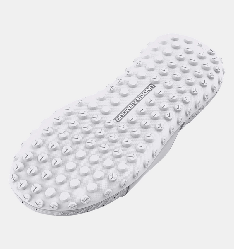 Under Armour Project Rock 3 Slides outsole featuring textured white rubber with branded details and massage-like raised nubs, bottom view.