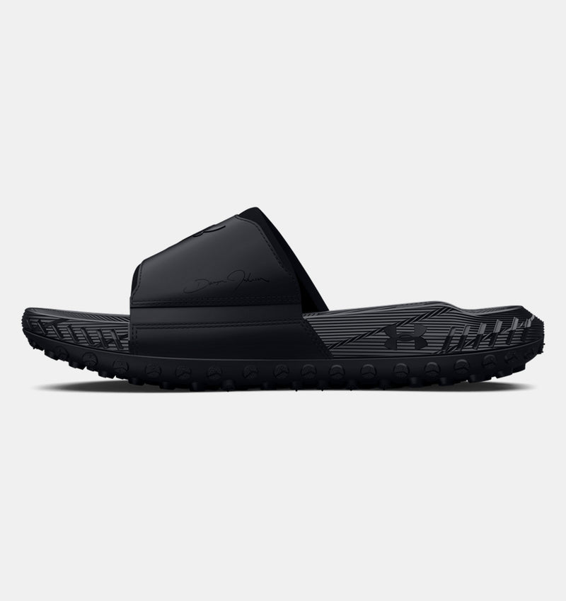 Under Armour Project Rock 3 Slides in black with textured strap, signature logo, and treaded outsole, side view.