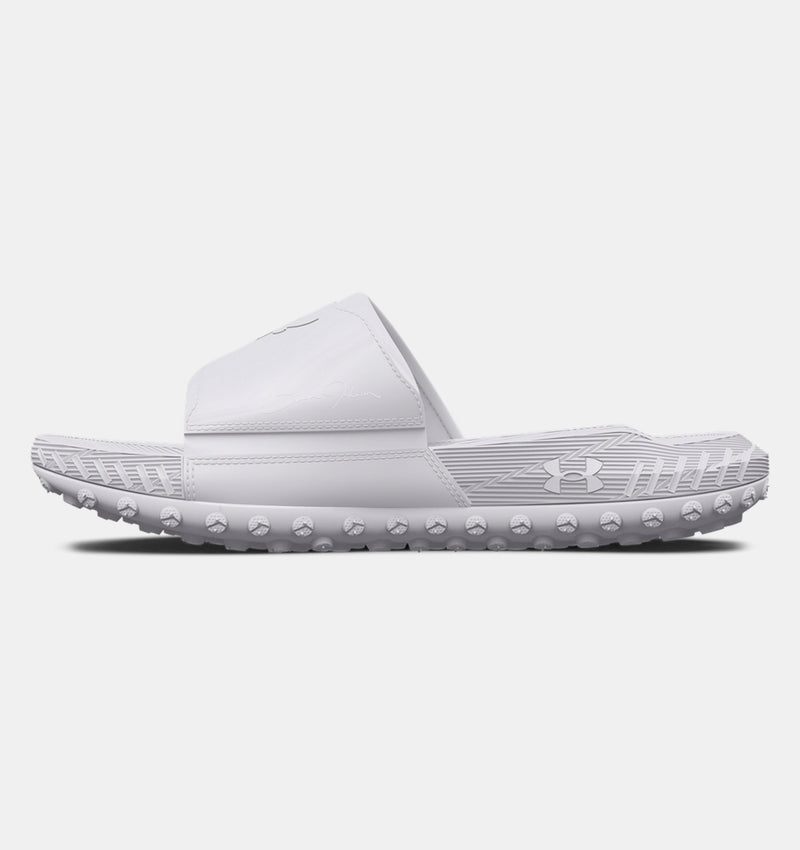Under Armour Project Rock 3 Slides in white with textured strap and rubber nubby outsole for enhanced grip, side view.