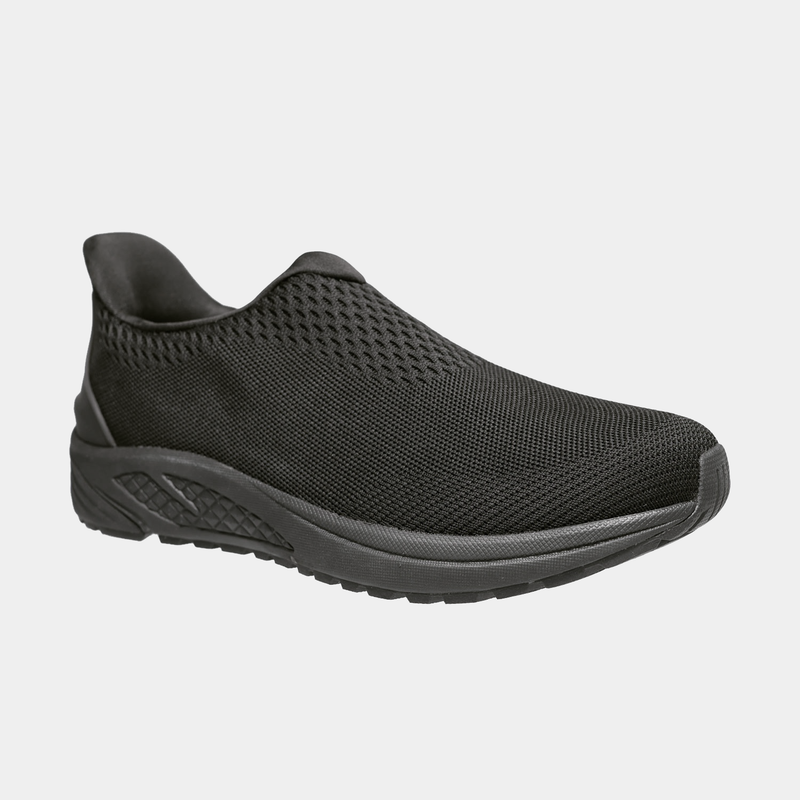 Propét One Velocity Slip-On shoes in black with a breathable mesh upper, cushioned sole, and sleek slip-on design, angled side view.