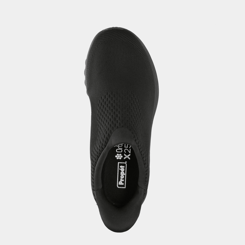 Propét One Velocity Slip-On casual shoes in black with breathable mesh upper and cushioned insole, top view.