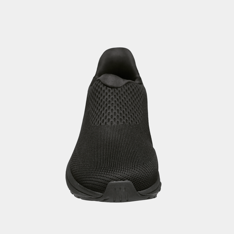 Propét One Velocity Slip-On shoes in black with breathable mesh upper and slip-on design, front view.