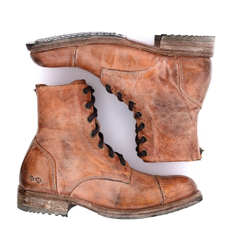 Bed Stu Protege Vintage Finish boots in distressed tan leather with lace-up style and rugged stacked sole, side view.