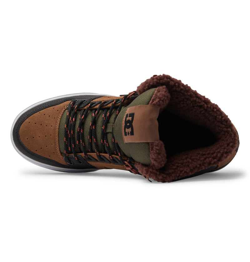 DC Footwear Pure High Top WC Winter sneakers in brown and olive green with fleece lining, top view showing padded tongue and laced closure.