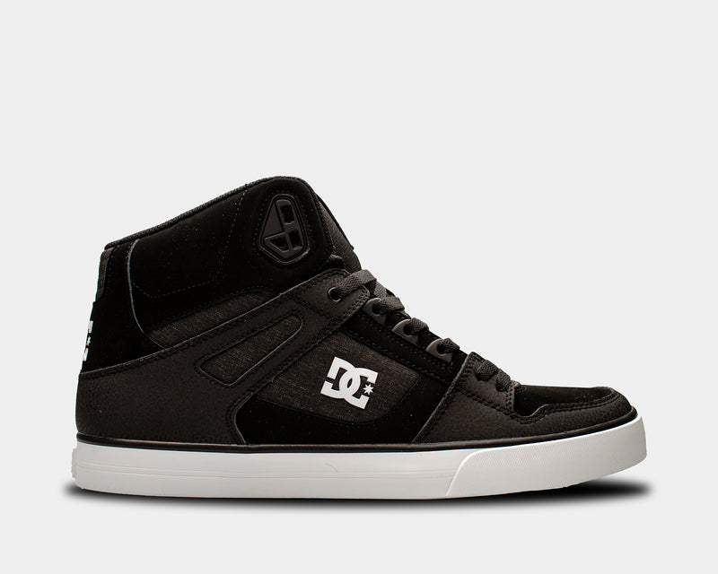 DC Footwear Pure High Top WC sneakers in black with white logo detailing and padded high-top collar, side view.