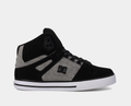 DC Footwear Pure High Top WC sneakers in black and gray with canvas panels and suede overlays, side view.
