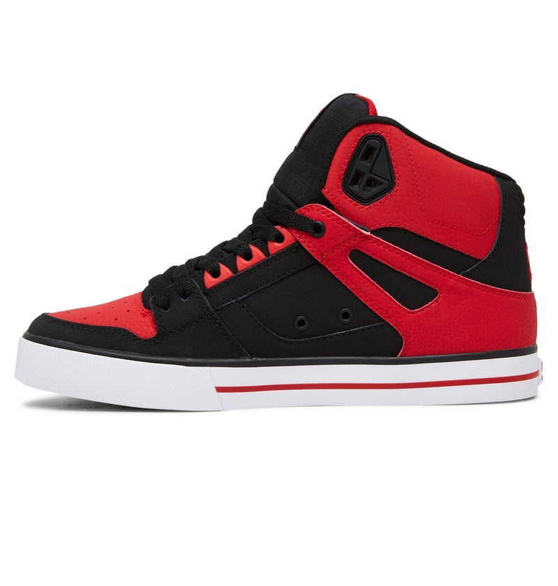 DC Footwear Pure High Top WC sneakers, black and red leather upper with perforated toe box and padded collar, side view.