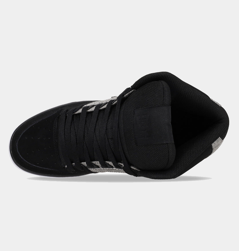 DC Footwear Pure High Top WC sneakers in black with perforated toe box and padded tongue, top view.
