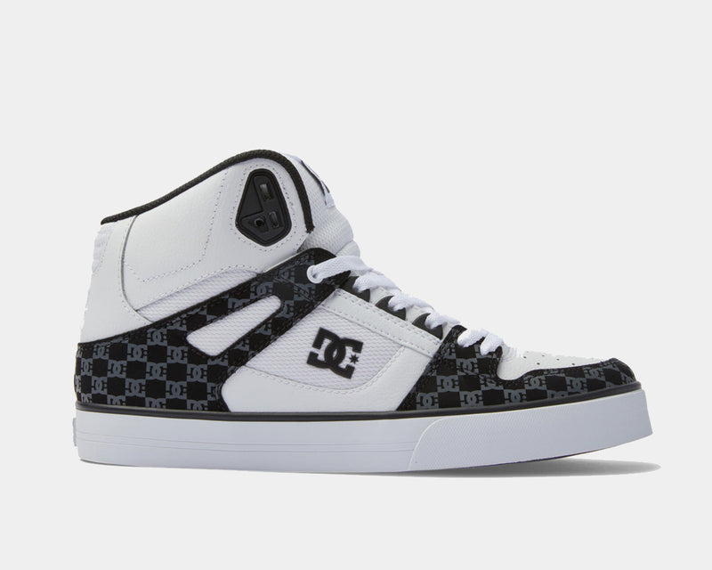 DC Footwear Pure High Top WC sneakers in white and black, featuring leather upper, padded collar, and logo detailing, side view.