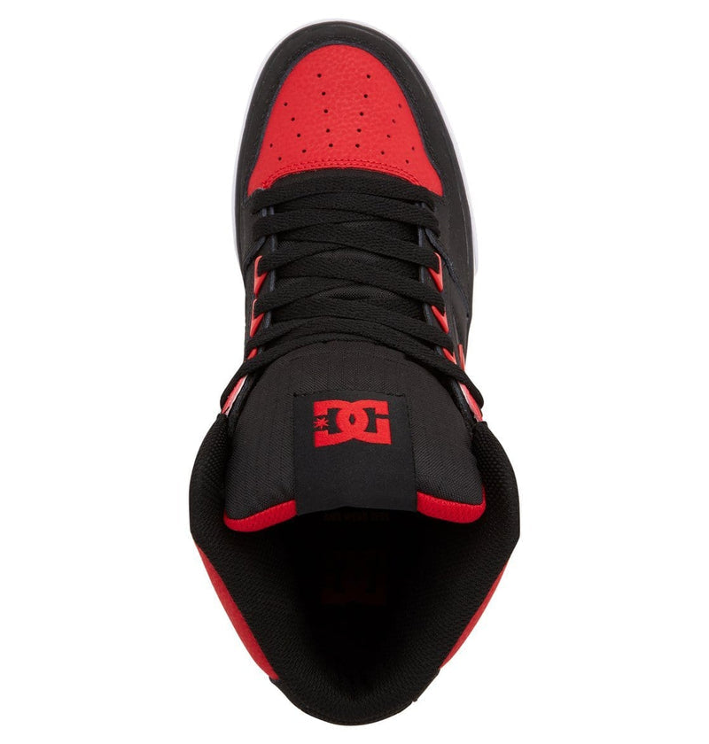 DC Footwear Pure High Top WC sneakers with black and red leather upper, perforated toe box, and padded tongue, top view.