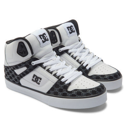 DC Footwear Pure High Top WC sneakers in white and black with logo-patterned overlays, padded collar, and lace-up closure, side angle.