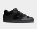 DC Footwear Pure Mid skate shoes in black with suede and leather materials, tonal DC logo, and padded collar, side view.