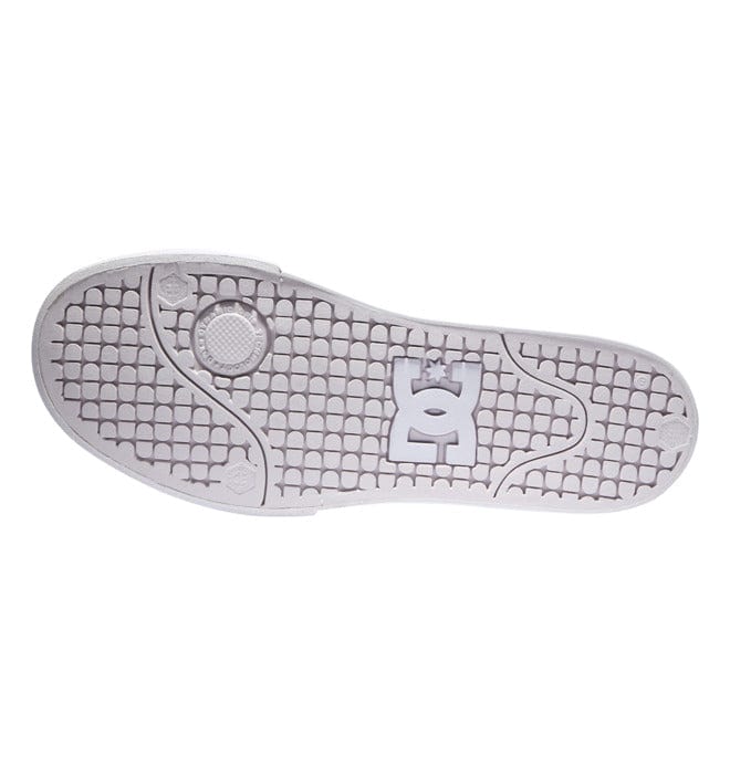 DC Footwear Pure Mid shoe outsole in white showing textured tread pattern and branded logo design, bottom view.