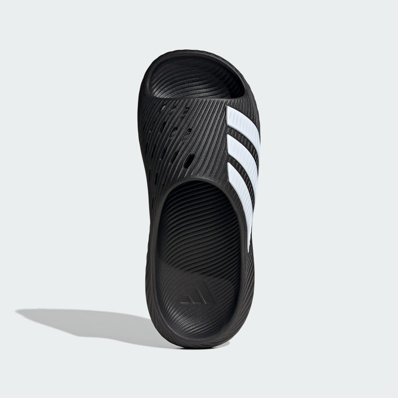 Adidas PURECHILL Slides in black with white stripes and textured footbed, top view.