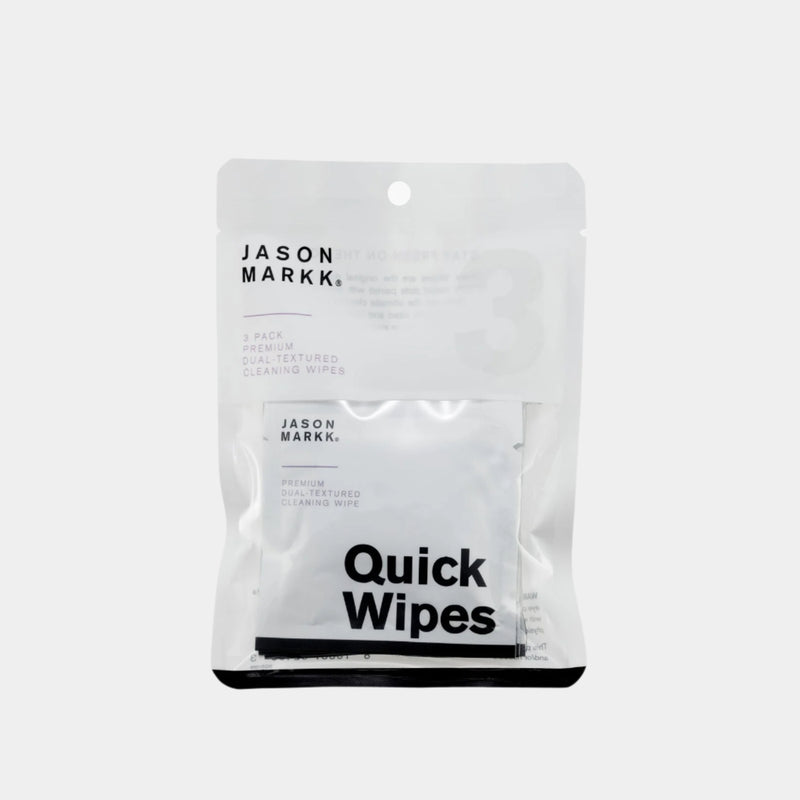 Jason Markk Quick Shoe Cleaning Wipes in sleek white packaging with bold black text, featuring dual-textured wipes designed for premium shoe care.