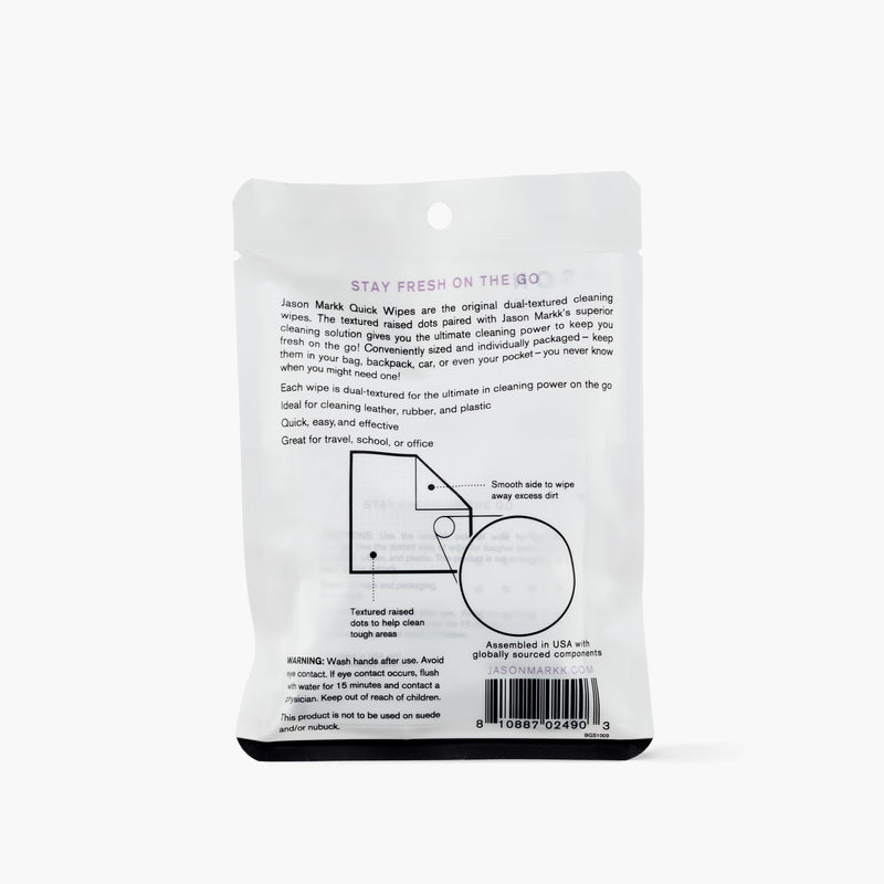 Jason Markk Quick Shoe Cleaning Wipes packaging, rear view showing product details and usage instructions.