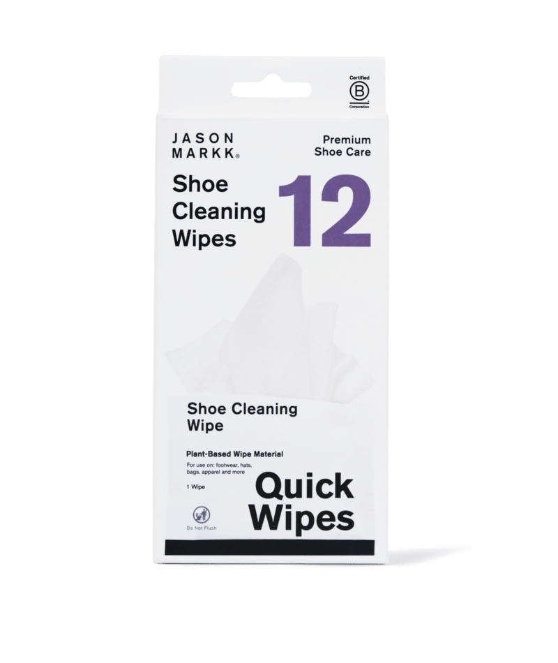 Jason Markk Quick Shoe Cleaning Wipes packaging with plant-based material and premium shoe care branding, front view.