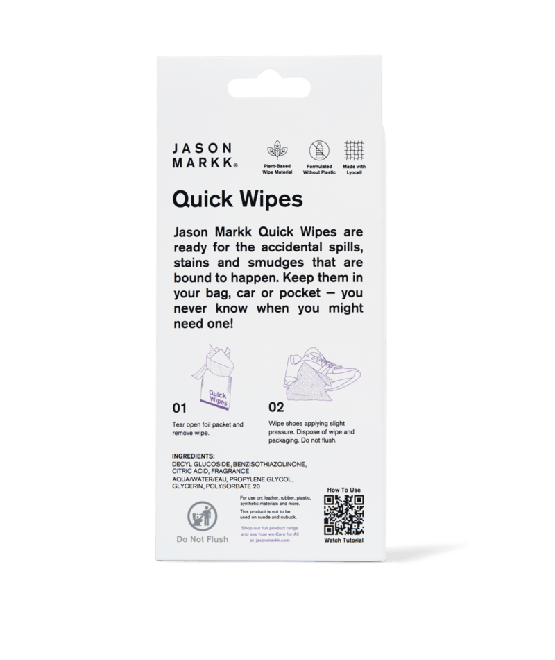 Jason Markk Quick Shoe Cleaning Wipes packaging in white, featuring instructions, product details, and eco-friendly icons.