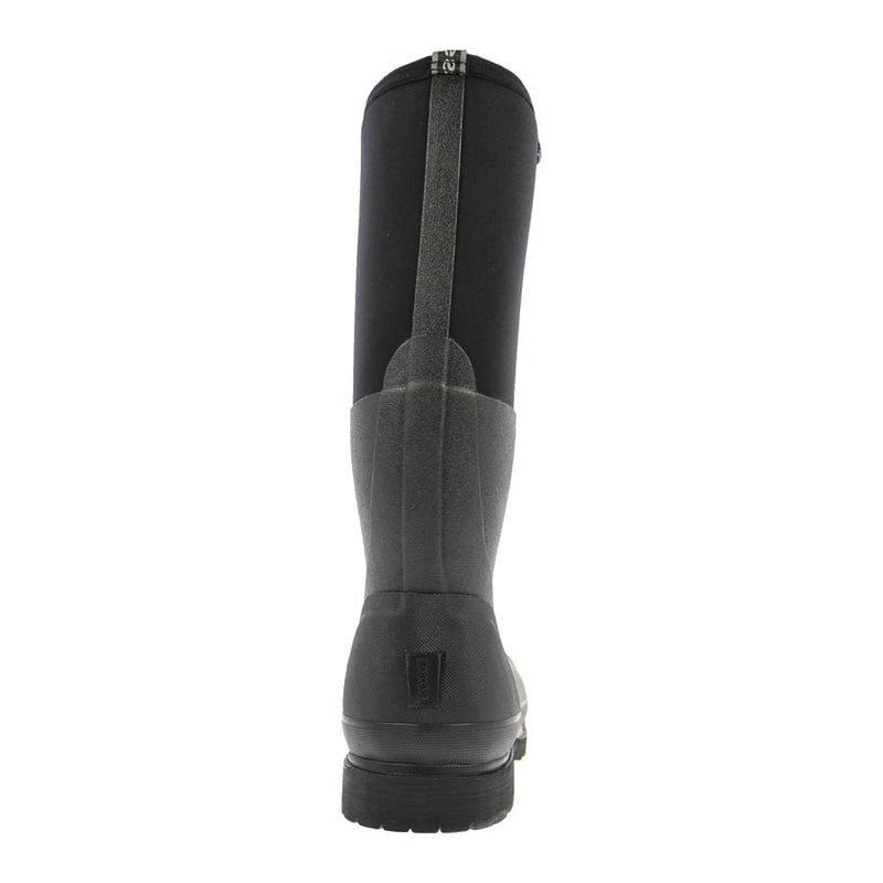 Bogs Rancher boots back view showing tall black neoprene shaft and durable gray rubber heel and sole.