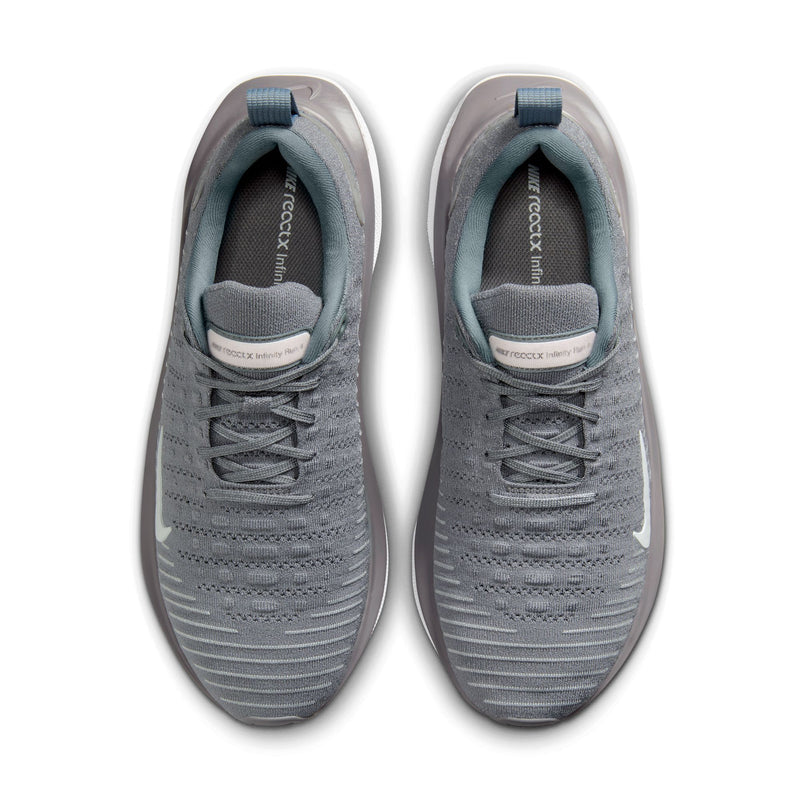 Nike React Infinity Run 4 running shoes in gray with breathable knit upper and white swoosh logo, top view showing lace system.
