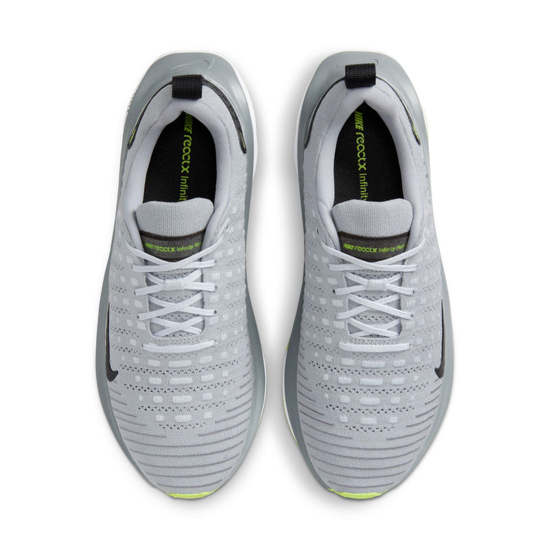 Nike React Infinity Run Flyknit 4 running shoes top view, gray Flyknit upper with white laces and black accents