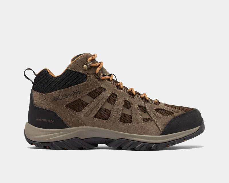 Columbia Redmond™ III Mid Waterproof hiking boots in brown with suede and mesh upper, black heel panel, and waterproof design, side view.