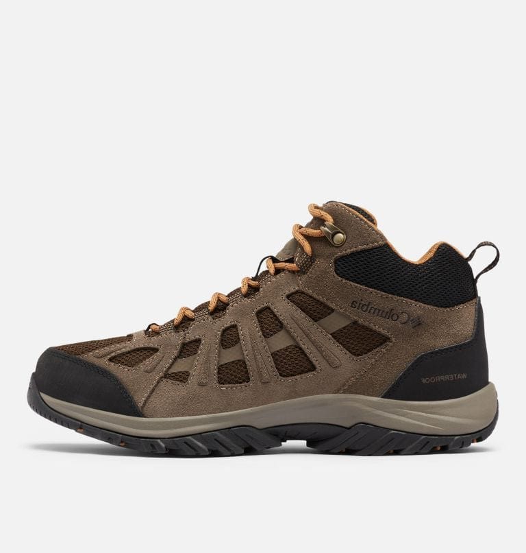 Columbia Redmond™ III Mid Waterproof hiking boots in brown with suede and mesh upper, waterproof construction, and rubber outsole, side view.