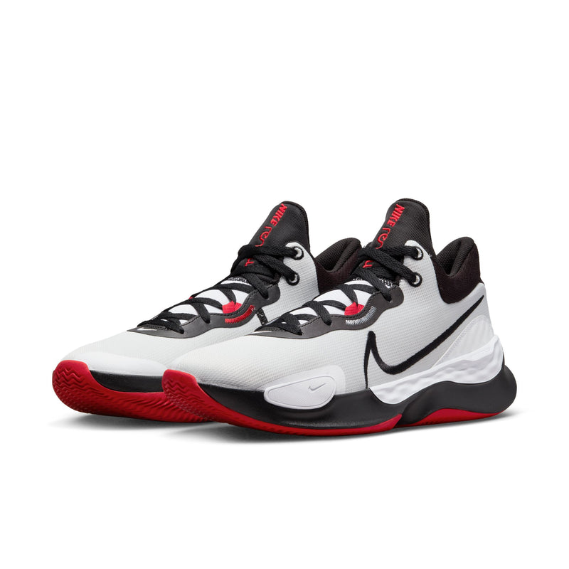 Nike Renew Elevate 3 basketball shoes in white, black, and red with mesh upper, bold swoosh logo, and cushioned midsole, front angled view.