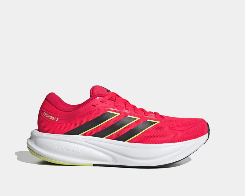 Adidas Response 2 running shoes in vibrant red with black and yellow accents, lightweight mesh upper, and white Cloudfoam midsole, side view.