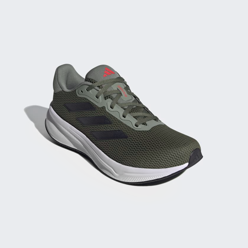 Adidas Response running shoes in olive green with breathable mesh upper, black stripes, and white cushioned midsole, angled front view.