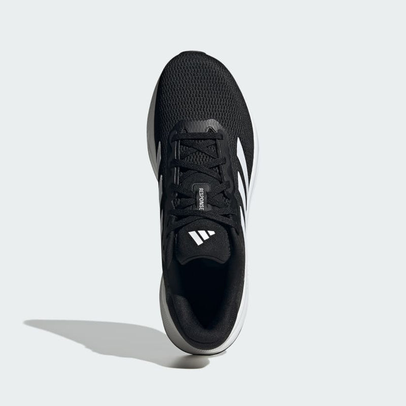 Adidas Response running shoes with black mesh upper, white side stripes, and lace-up closure, top view.