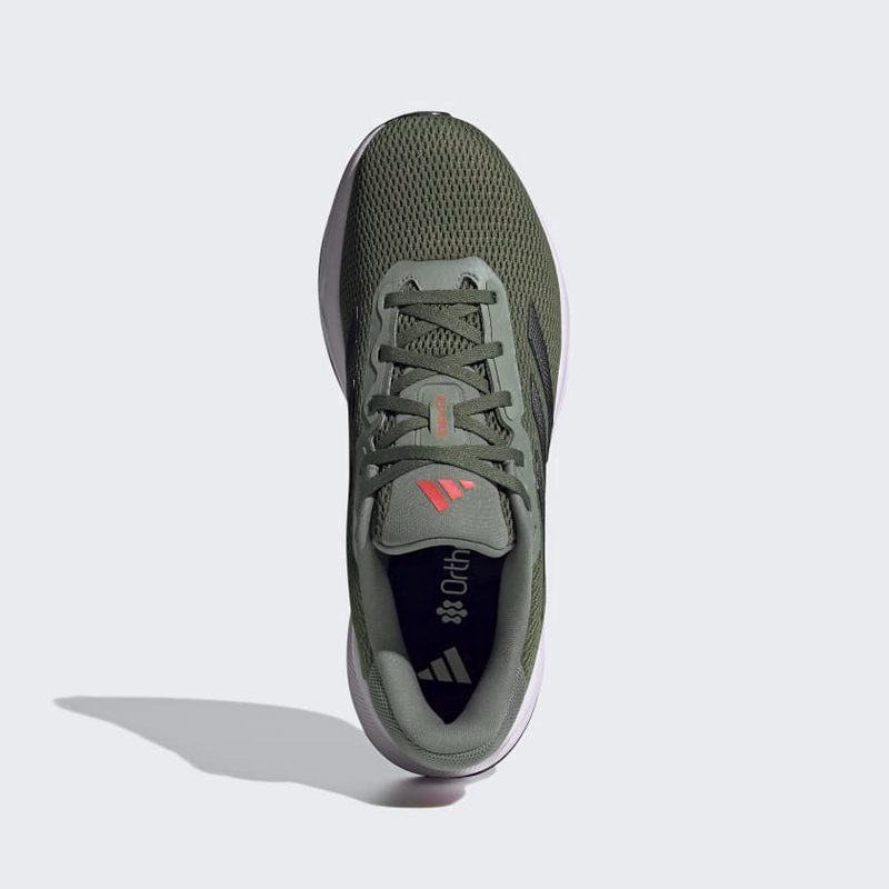 Adidas Response running shoes top view featuring olive green mesh upper with red accents and Ortholite insole branding.
