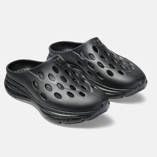 Kane Revive OB recovery shoes in black with perforated design and contoured foam sole, angled side view.
