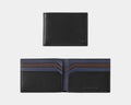 Johnston & Murphy Richmond Billfold Wallet in black leather with embossed logo, featuring brown and navy interior card slots, front and open views.