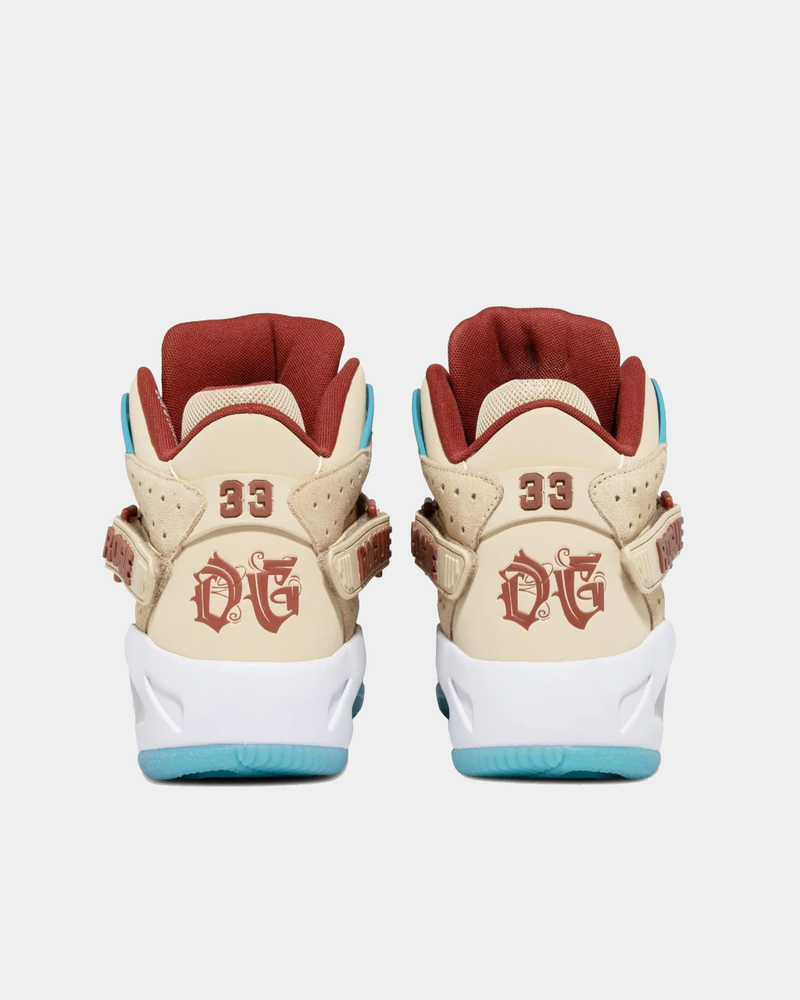 Ewing Athletics ROGUE x ICE T sneakers back view, featuring beige upper, maroon accents, embroidered "OG" design, and blue outsole.
