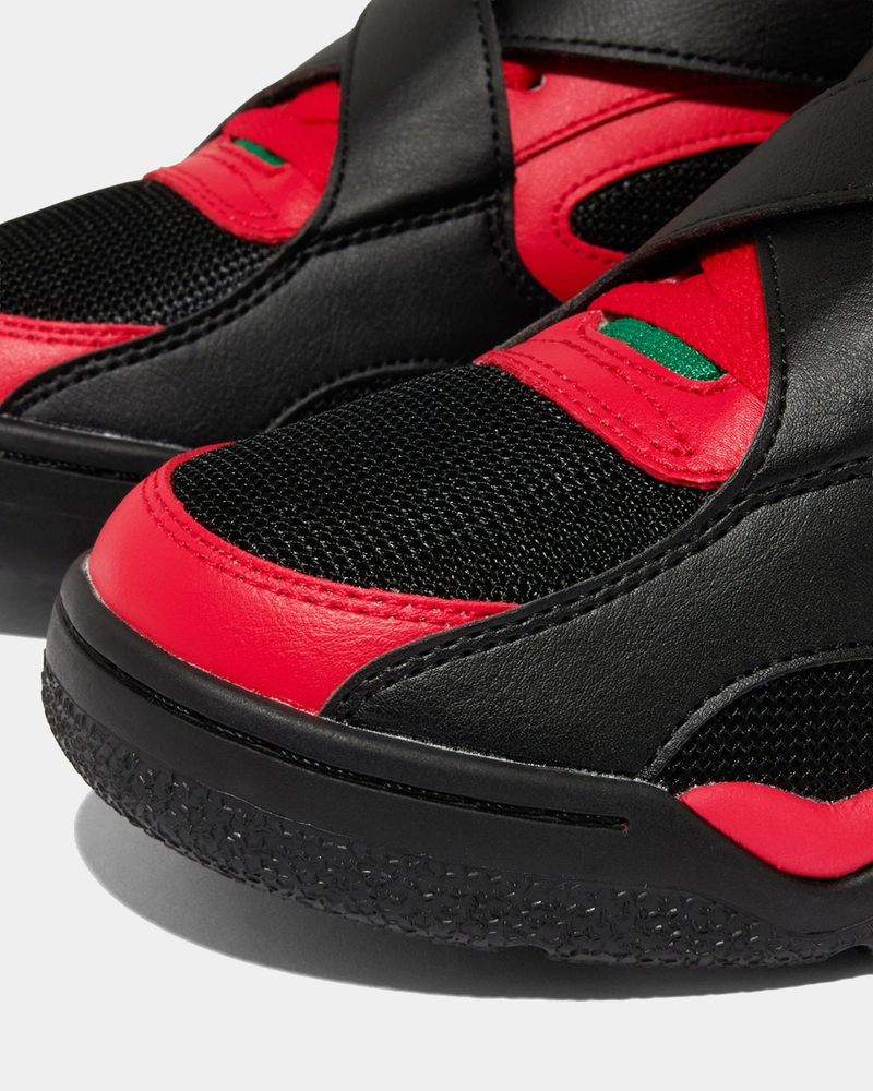 Ewing Athletics ROGUE x LOST BOYZ sneakers in black and red with mesh detailing, leather overlays, and textured outsole, close-up view