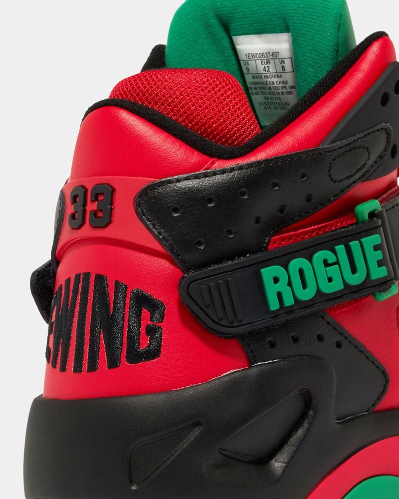 Ewing Athletics ROGUE x LOST BOYZ sneakers in red leather with black accents, green strap detail, and number "33," back angle.