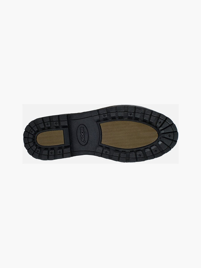 Bogs Roper boot outsole in black rubber with treaded grip and textured tan inserts, bottom view.