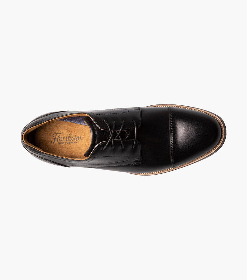 Florsheim Rucci Cap Oxford dress shoes in black leather with cap toe detail and tan lining, top view.