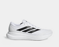 Adidas Runfalcon 6 running shoes in white with black stripes and Cloudfoam sole, side view.