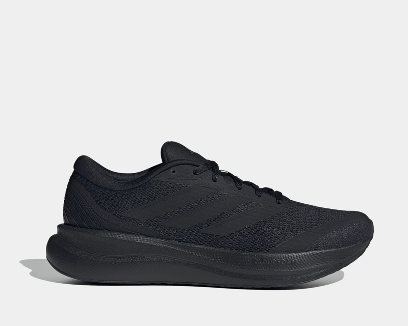Adidas Runfalcon 6 running shoes in black with mesh upper and Cloudfoam midsole, side view.