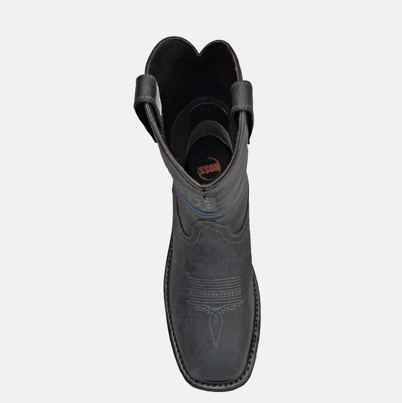 Hoss Rushmore Comp Toe Western Boot in dark leather with stitched details and pull straps, top view.